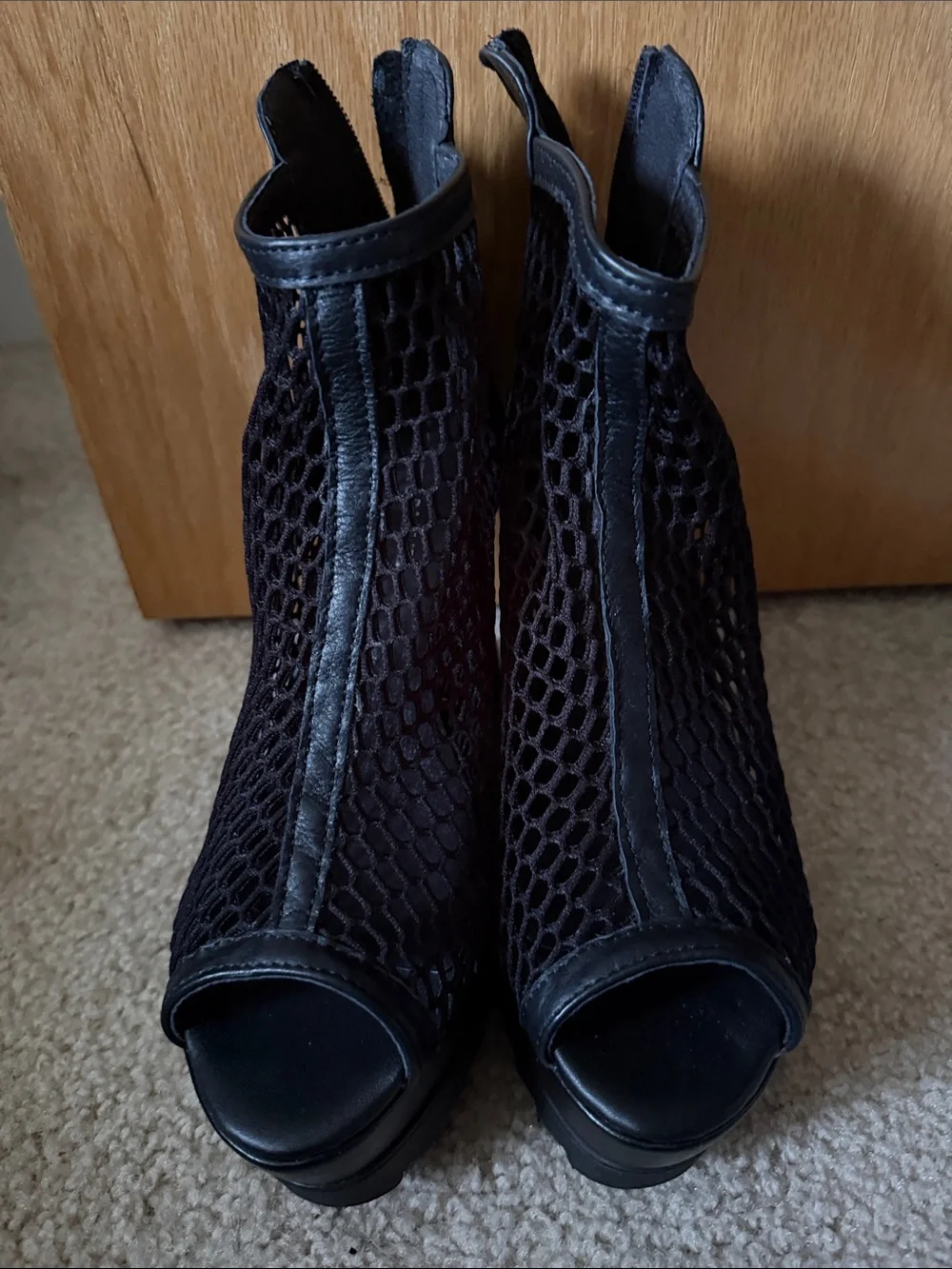 Black Leather Mesh Wedge Booties with Hidden Platform